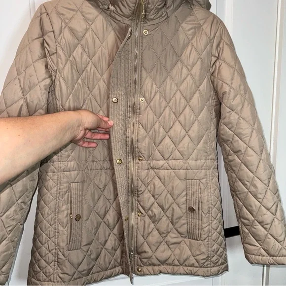Michael Kors Women's Quilted Anorak Jacket Tan Hooded Zip Front Coat Size M - Picture 6 of 15
